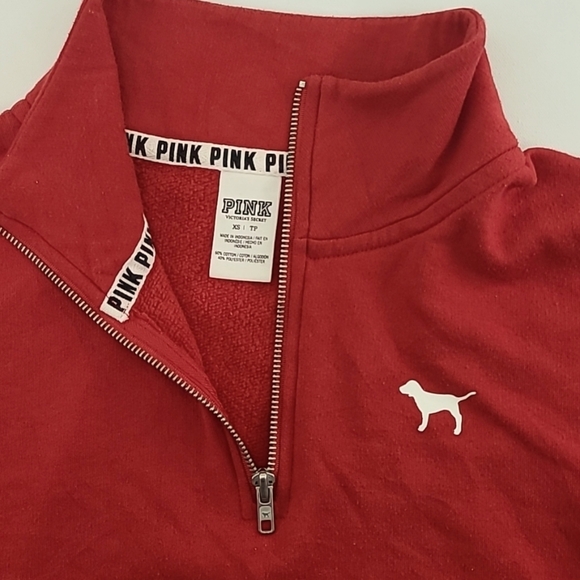 PINK VICTORIA'S SECRET Red Quarter Zip Sweatshirt Black Logo Down Arms -Size XS - Picture 2 of 14